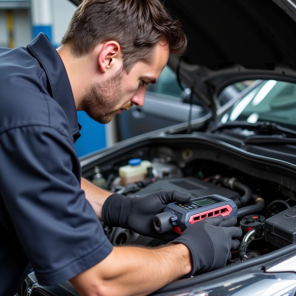 Torquay Mechanic using a diagnostic scanner on a car