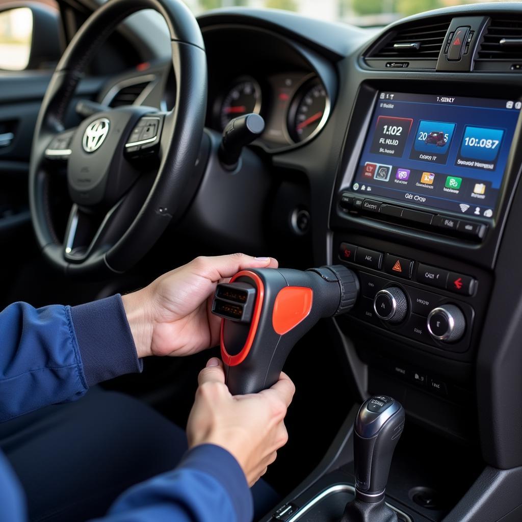 Mechanic using an Inspex car diagnostic tool