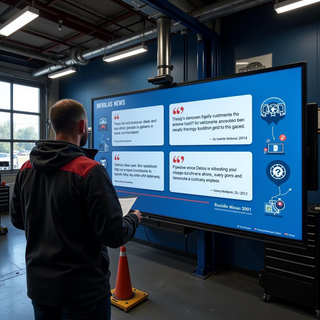 Interactive car diagnostic screensaver displaying customer testimonials in an auto repair shop.