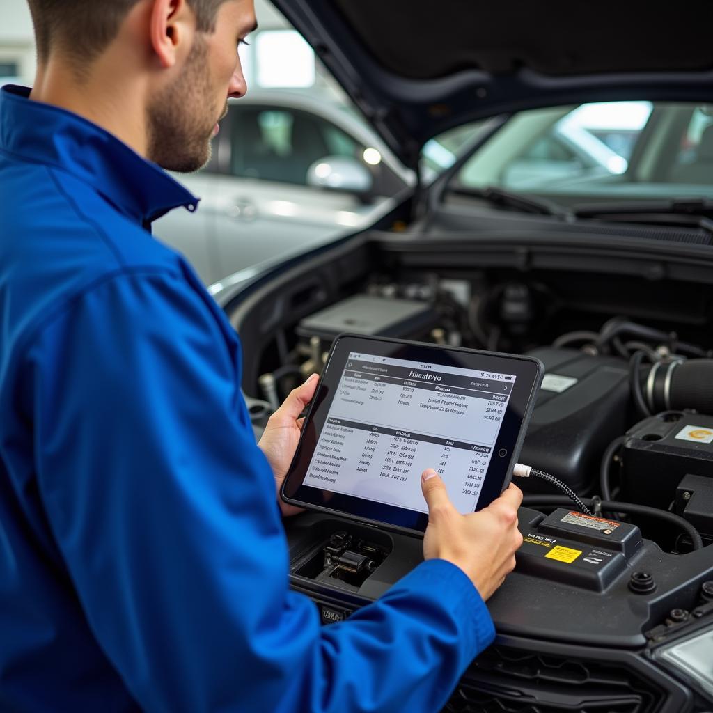 Mechanic using an iPad for car diagnostic