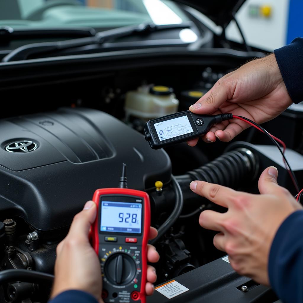 Mechanic using various diagnostic tools on a Japanese car engine