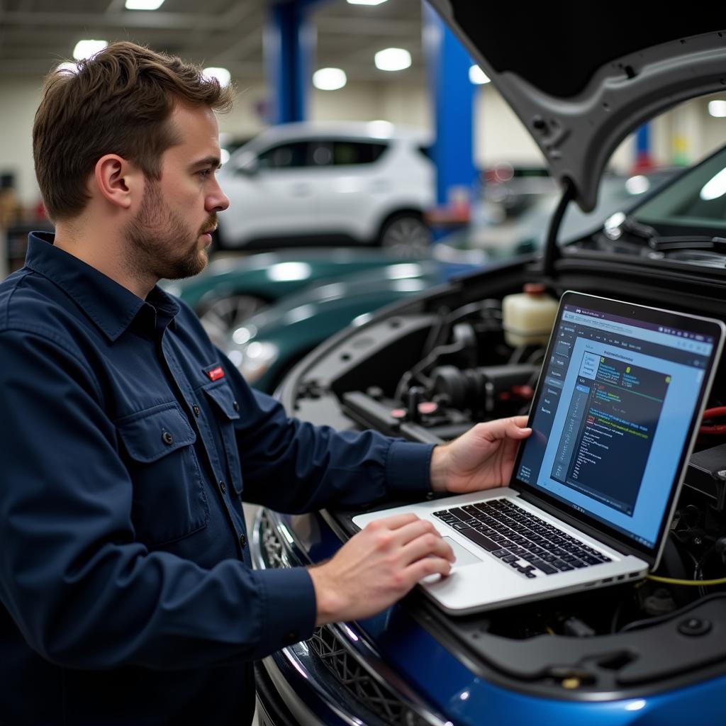 Kia Mechanic Reviewing Diagnostic Data