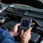 Mechanic using Klavkarr 200 car scanner for engine diagnostics