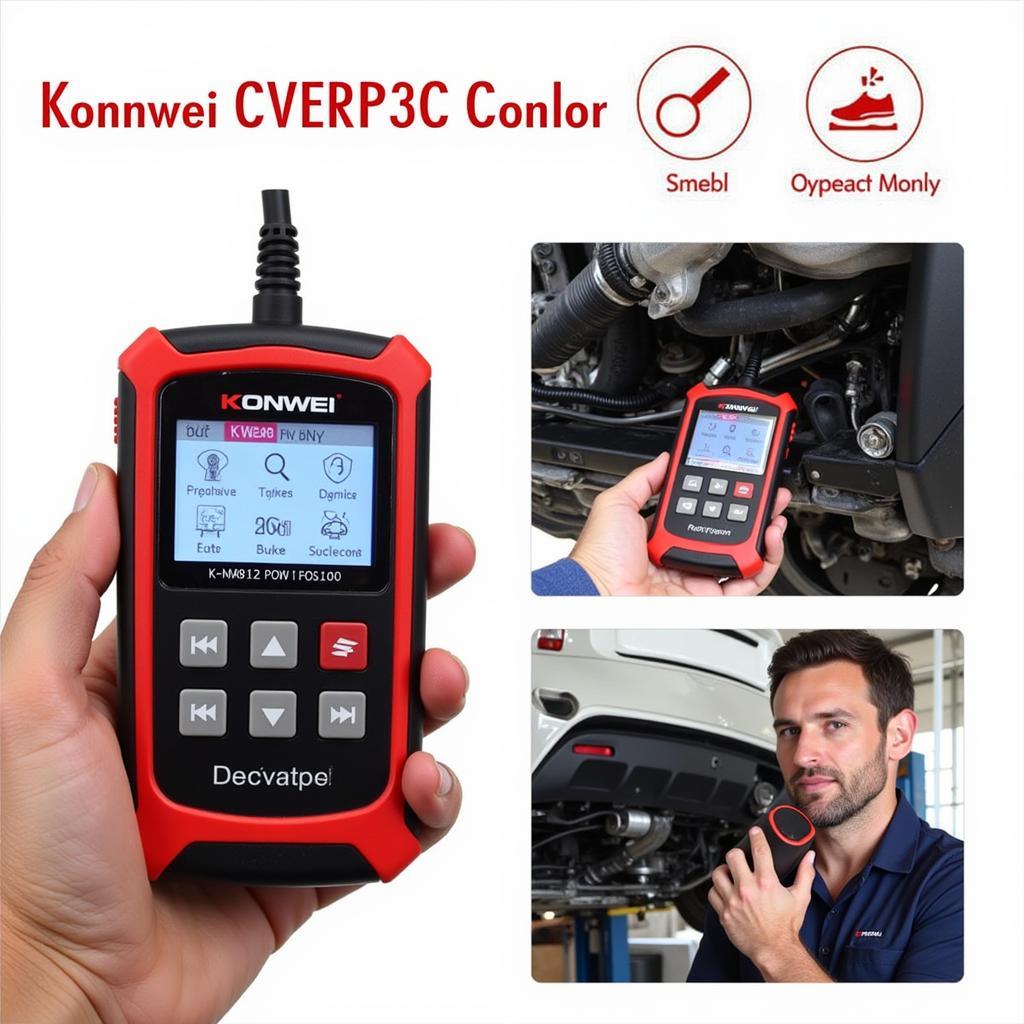 A mechanic holds the Konnwei KW820 OBD2 Scanner in their hand