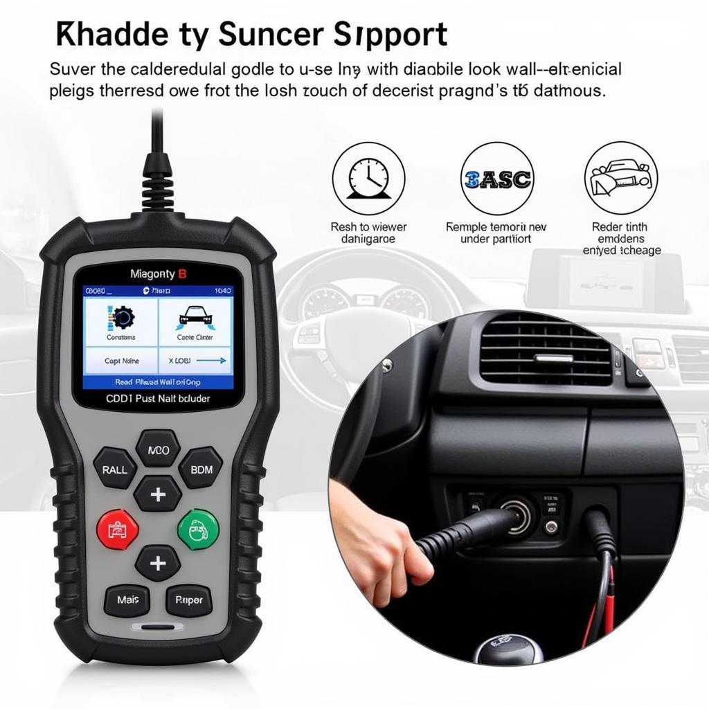 KW808 car diagnostic scanner plugged into a car's OBD2 port