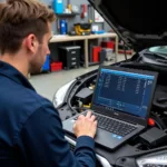 Mechanic using a laptop car diagnostic kit to troubleshoot a car engine