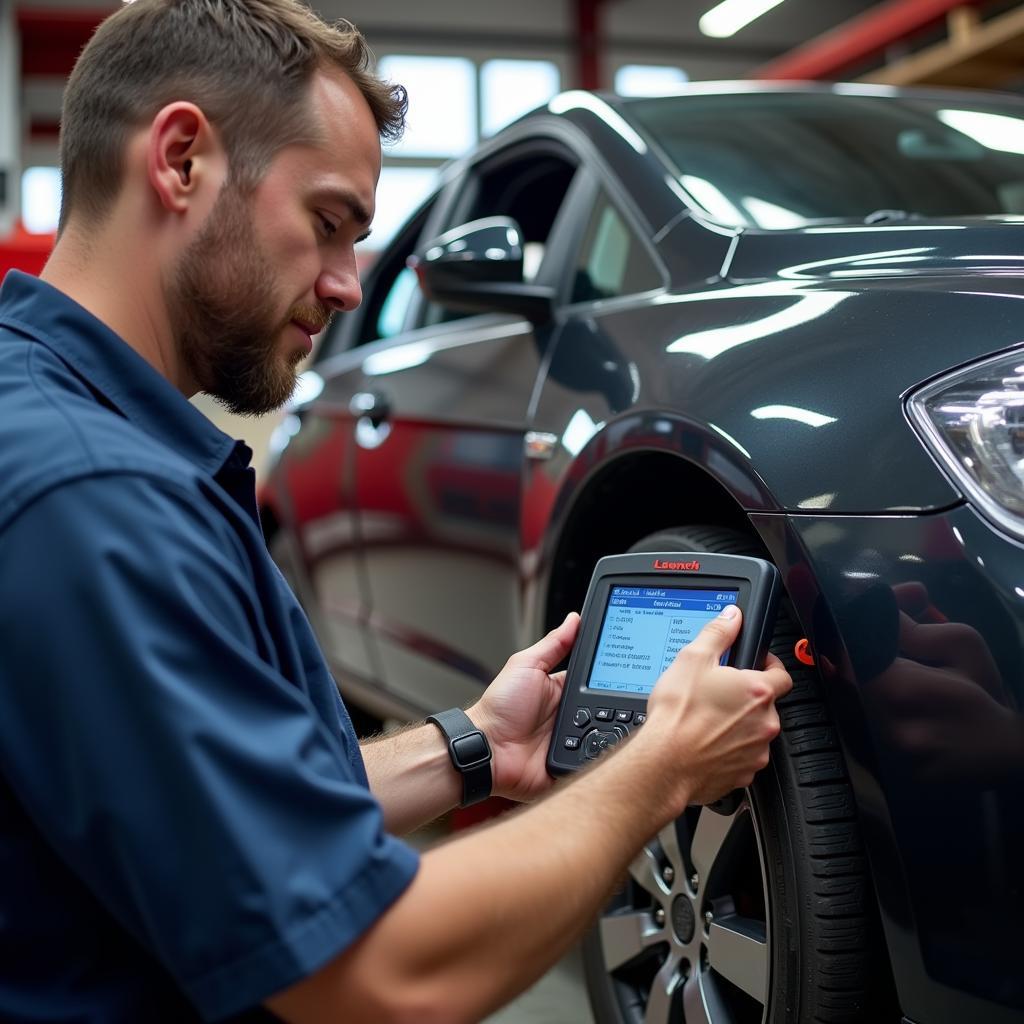 Mechanic using a launch diagnostic tool to diagnose a car problem.