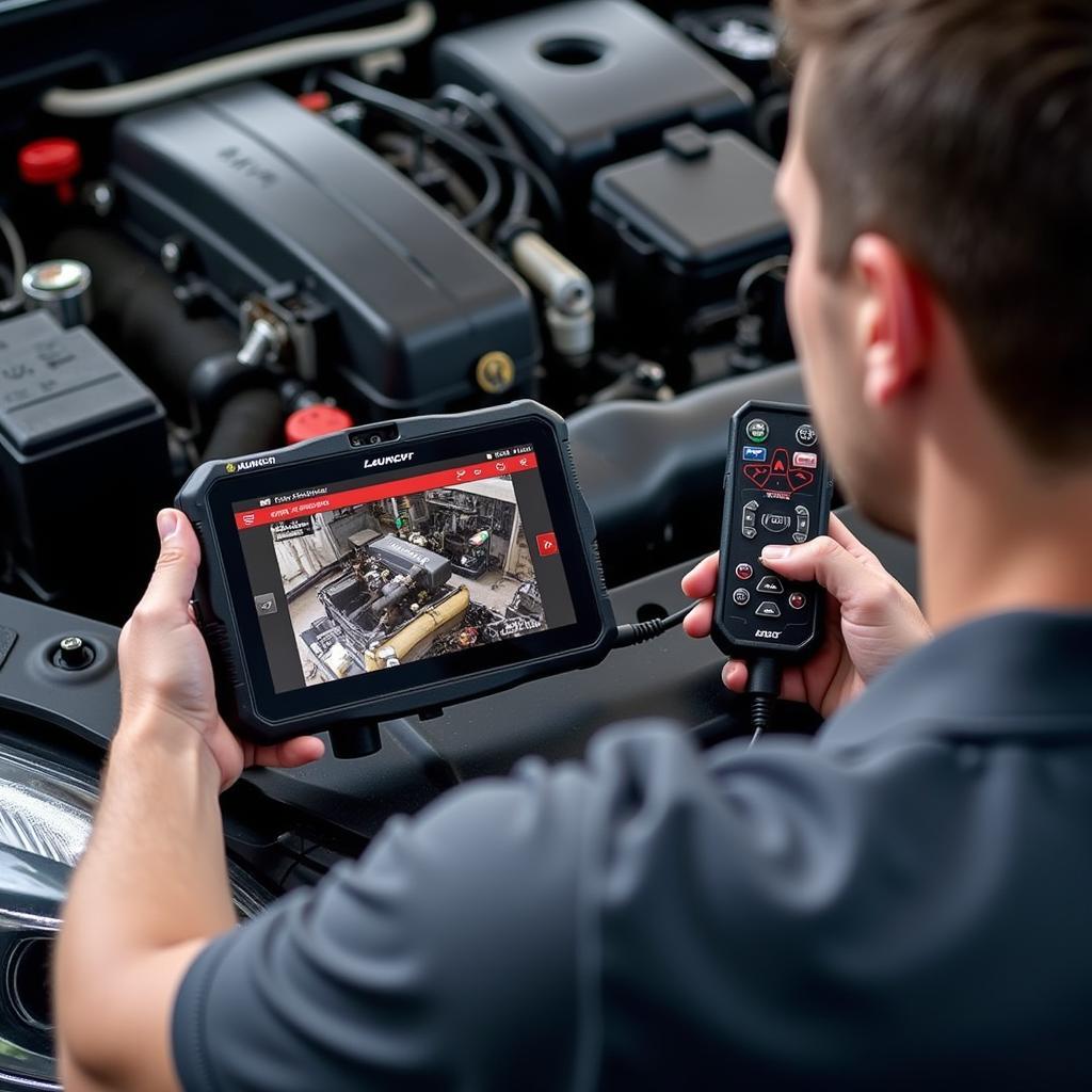 Launch X431 Pro 3 diagnostics tool being used on a car engine