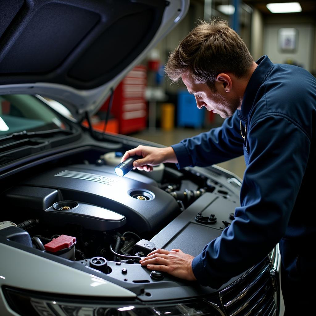 Technician Inspecting Lincoln Engine Bay