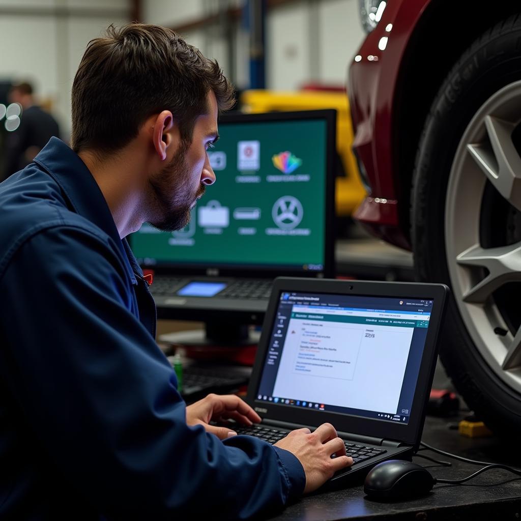 Mechanic Analyzing Diagnostic Results in Magherafelt Garage