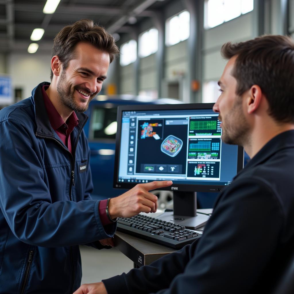 Mechanic in Malton explaining car diagnostic results to a customer