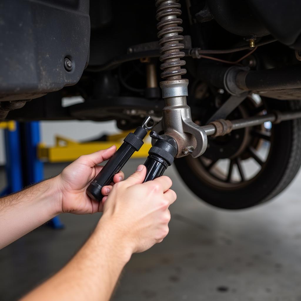 Mechanic Adjusting Wheel Alignment