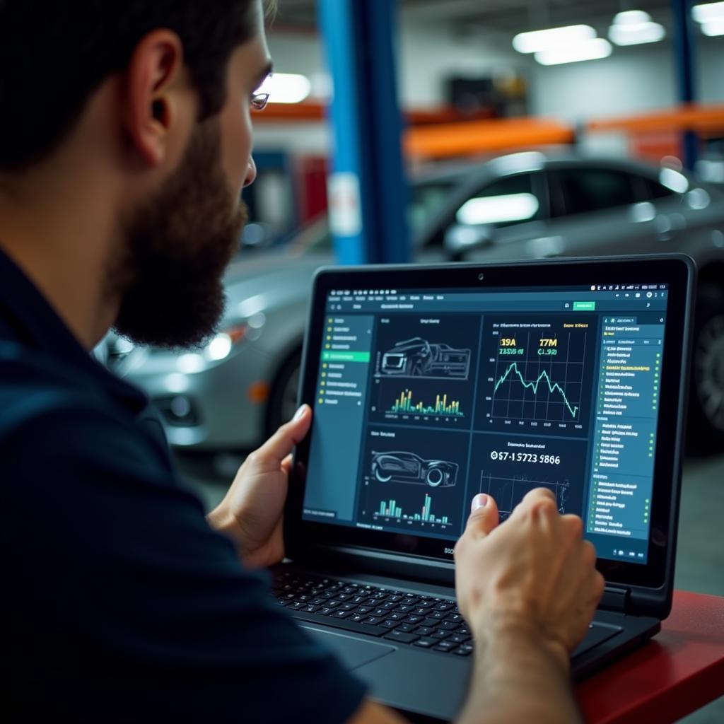 Mechanic Analyzing Car Data on a Laptop