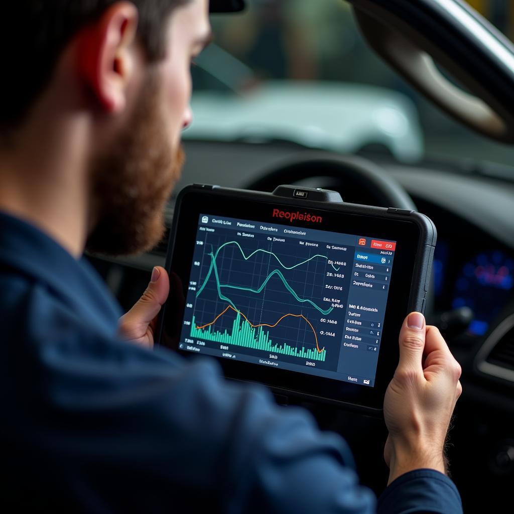 A mechanic using a full car diagnostic tool to analyze data and diagnose a car problem