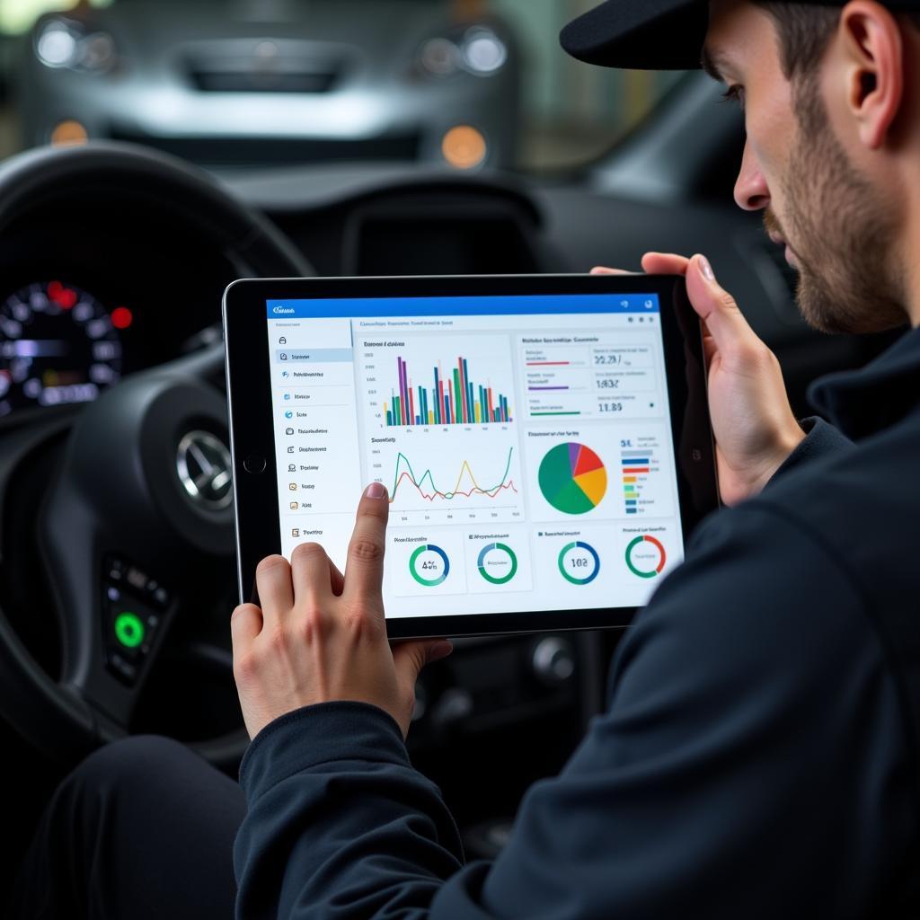 Mechanic reviewing car diagnostic report on a tablet in a repair shop