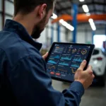 Mechanic Analyzing Car Data on a Tablet