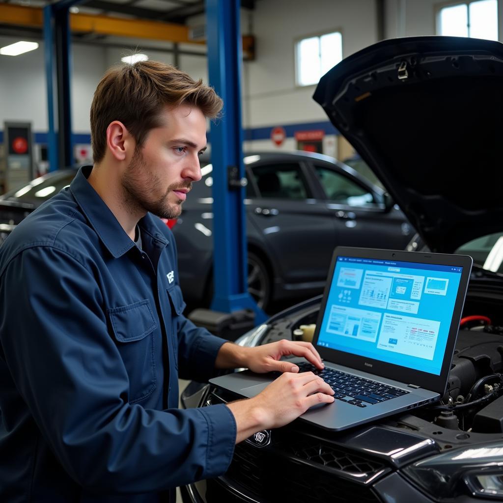 Mechanic examining car diagnostic data on a laptop in a repair shop