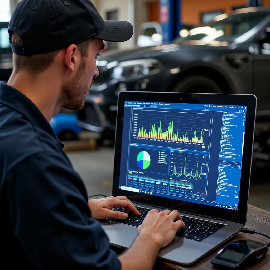 Mechanic reviewing car diagnostic data on a laptop