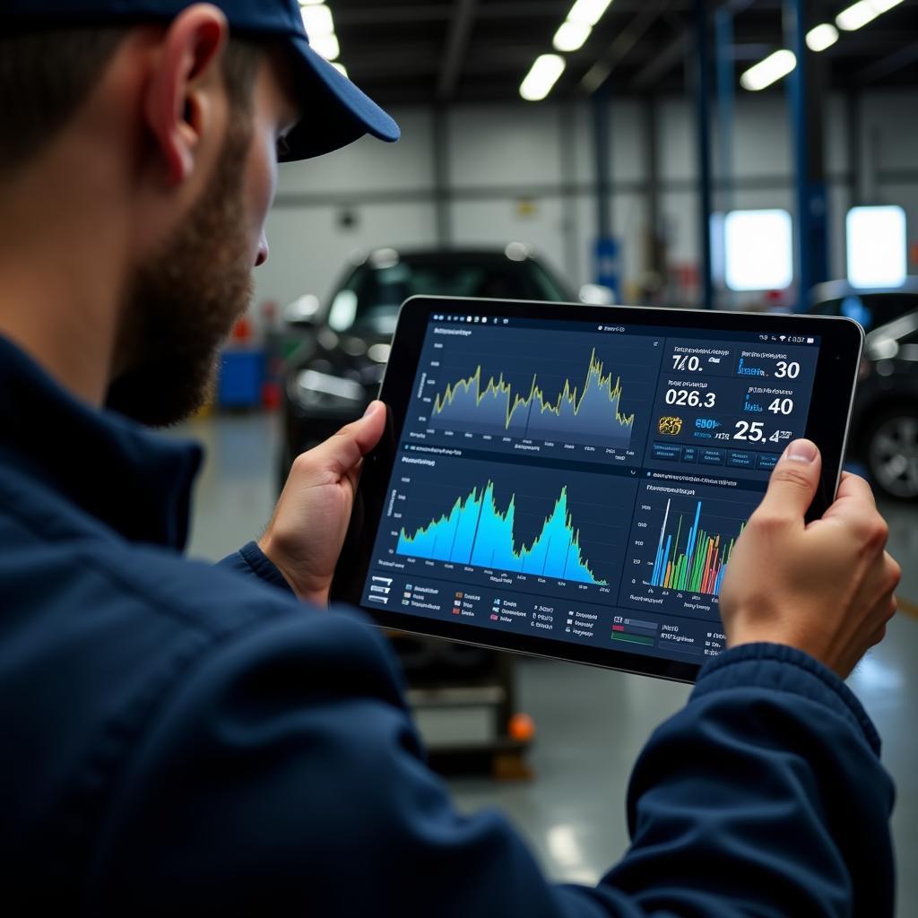 Mechanic Analyzing Car Diagnostic Data on Tablet