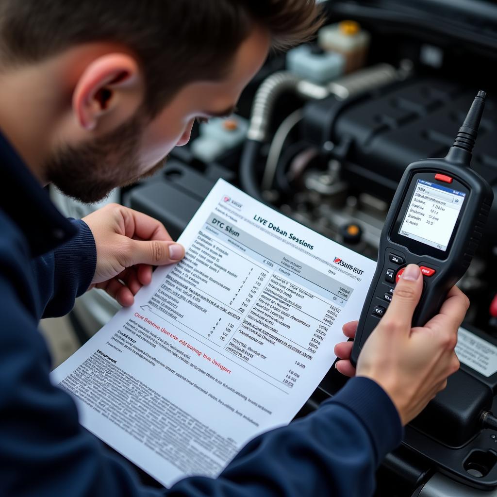 Mechanic reviewing a detailed diagnostic report generated by a car diagnostic tool