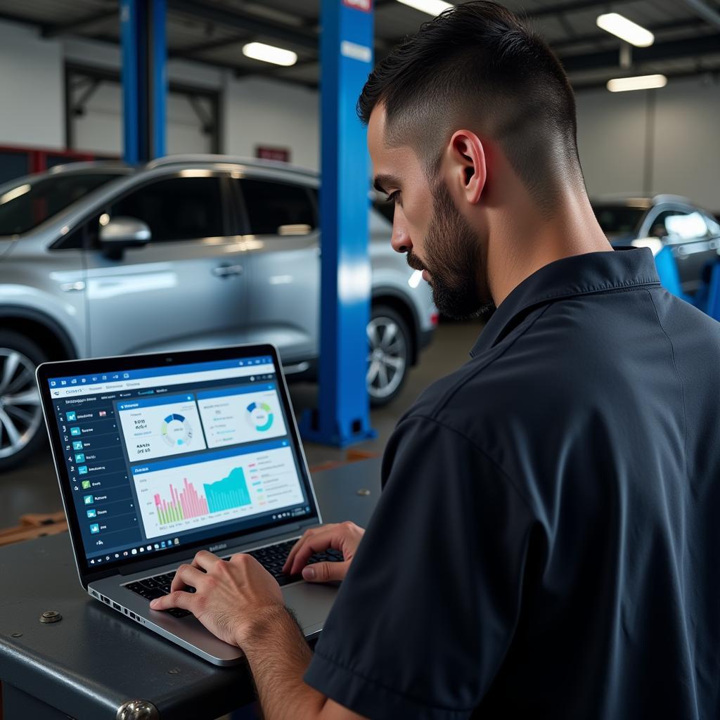 Mechanic Analyzing Car Diagnostic Report on Laptop