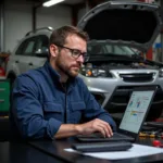 Mechanic Analyzing Car Diagnostic Report on Laptop