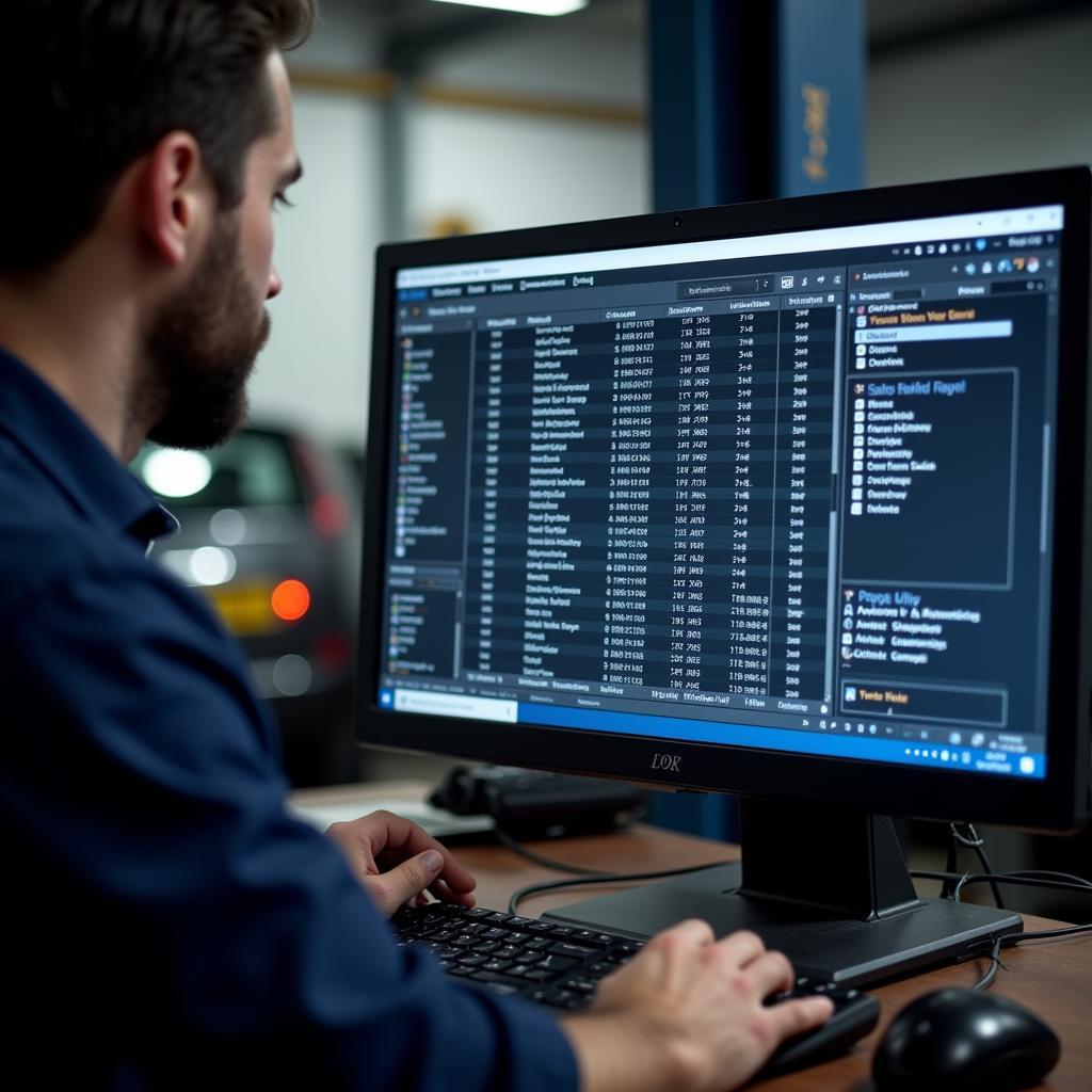 Mechanic in Swansea analyzing car diagnostic results on a computer