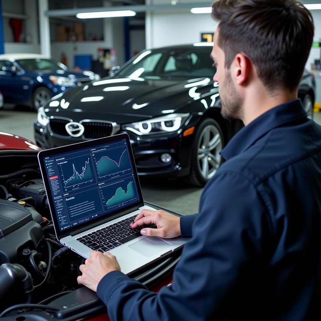 Mechanic Analyzing Car Diagnostics on Laptop