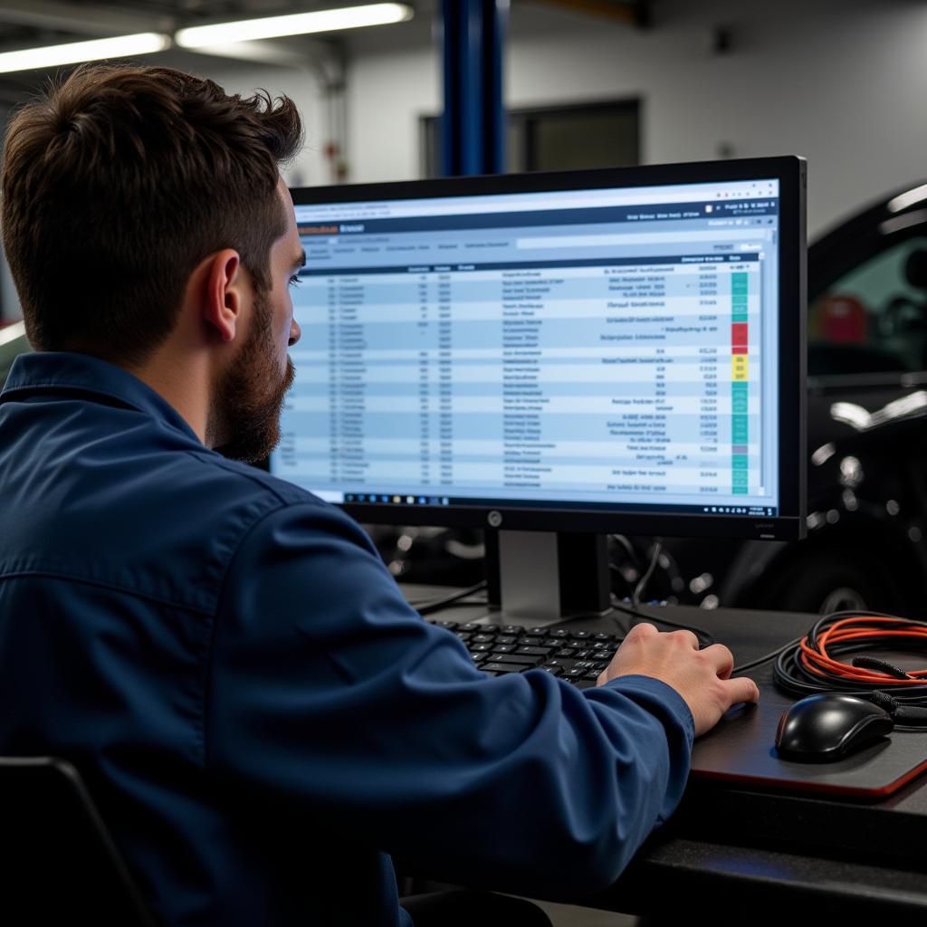 Mechanic Analyzing Car Diagnostics Report in Dublin Garage