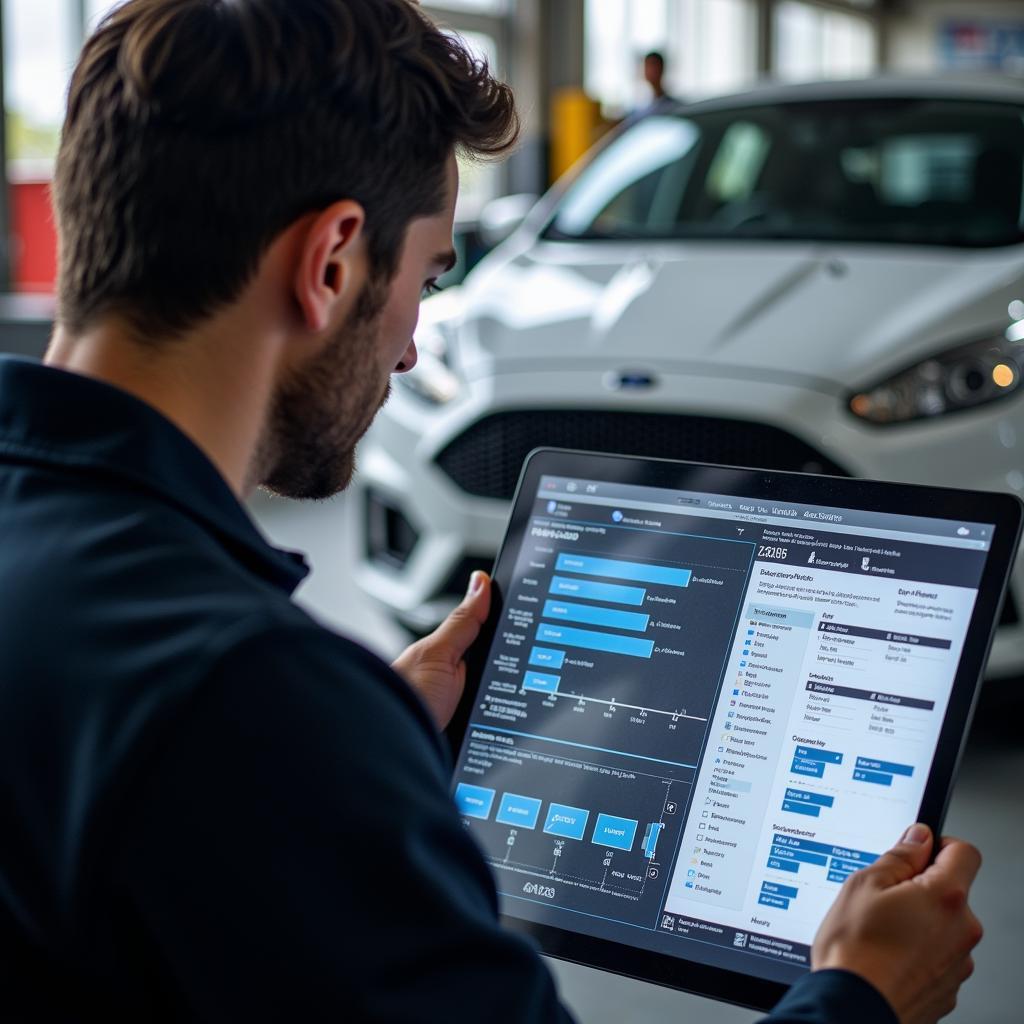 Mechanic Analyzing Car Diagnostics Report in Dublin