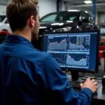 Mechanic analyzing car diagnostics results on a computer screen