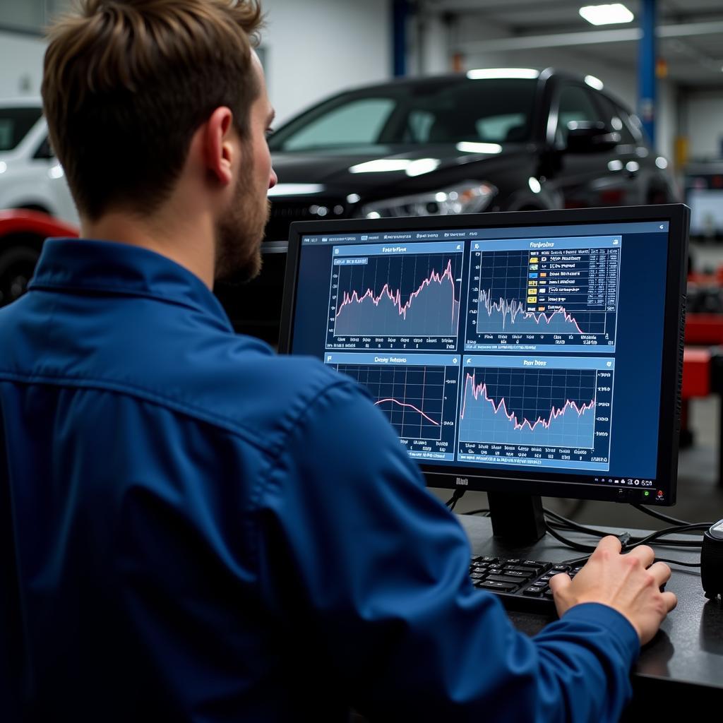 Mechanic analyzing car diagnostics results on a computer screen