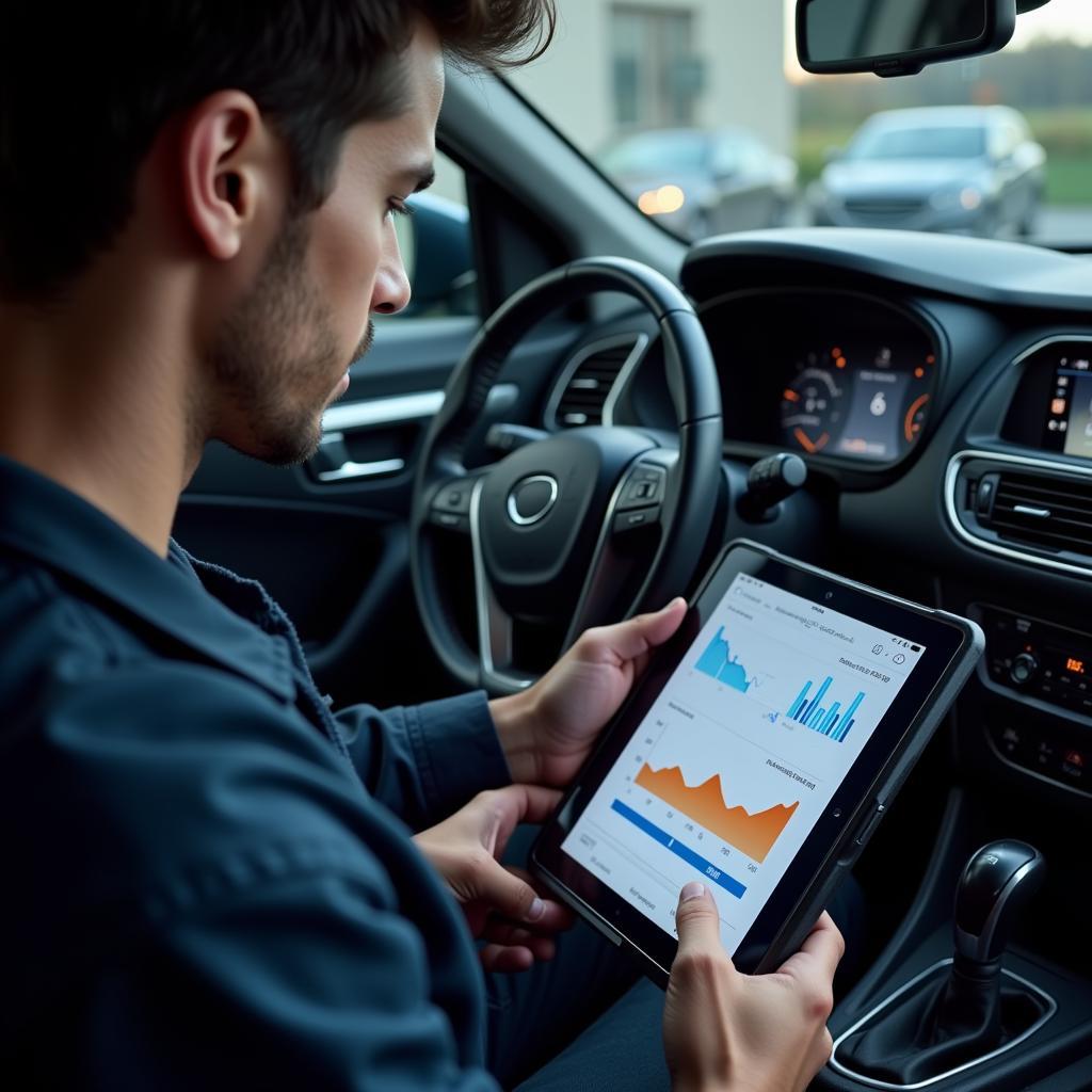 Mechanic Analyzing Live Data on a Tablet