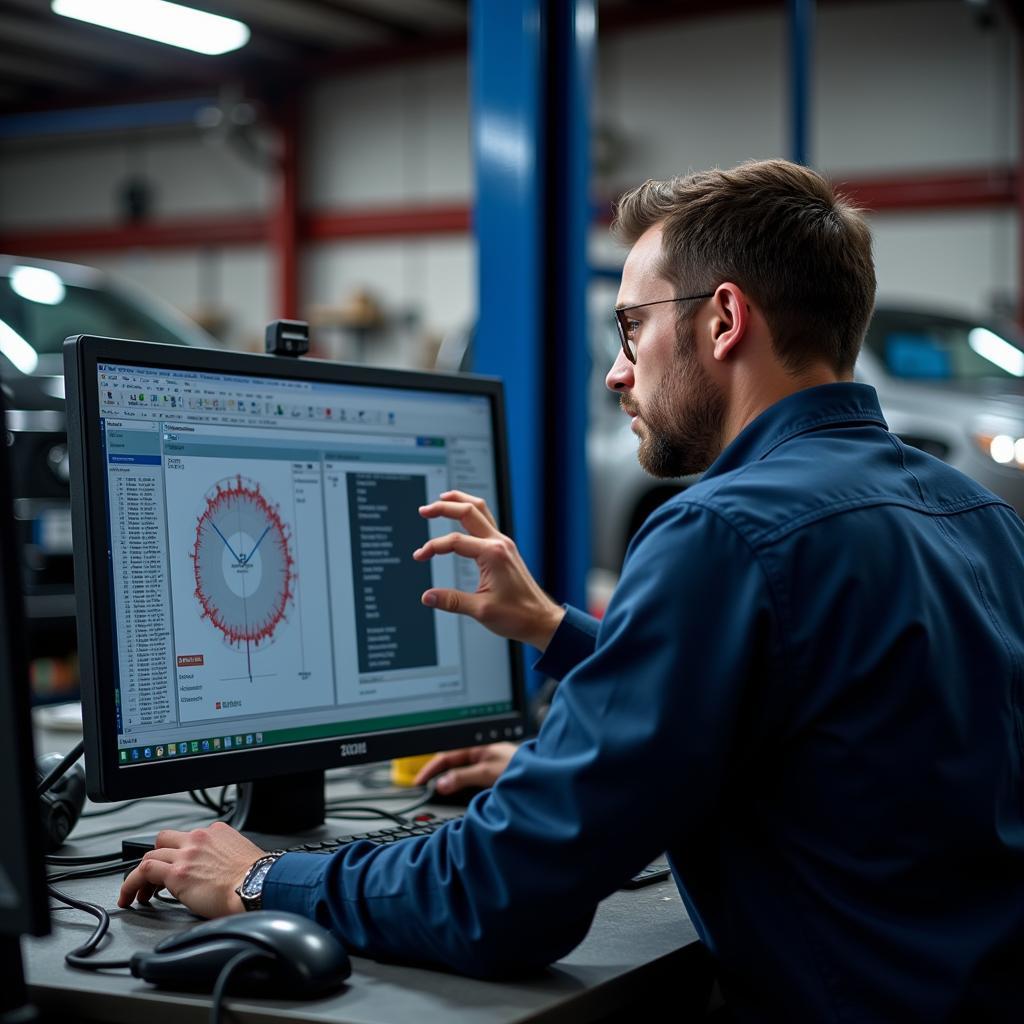 Mechanic analyzing data on a computer