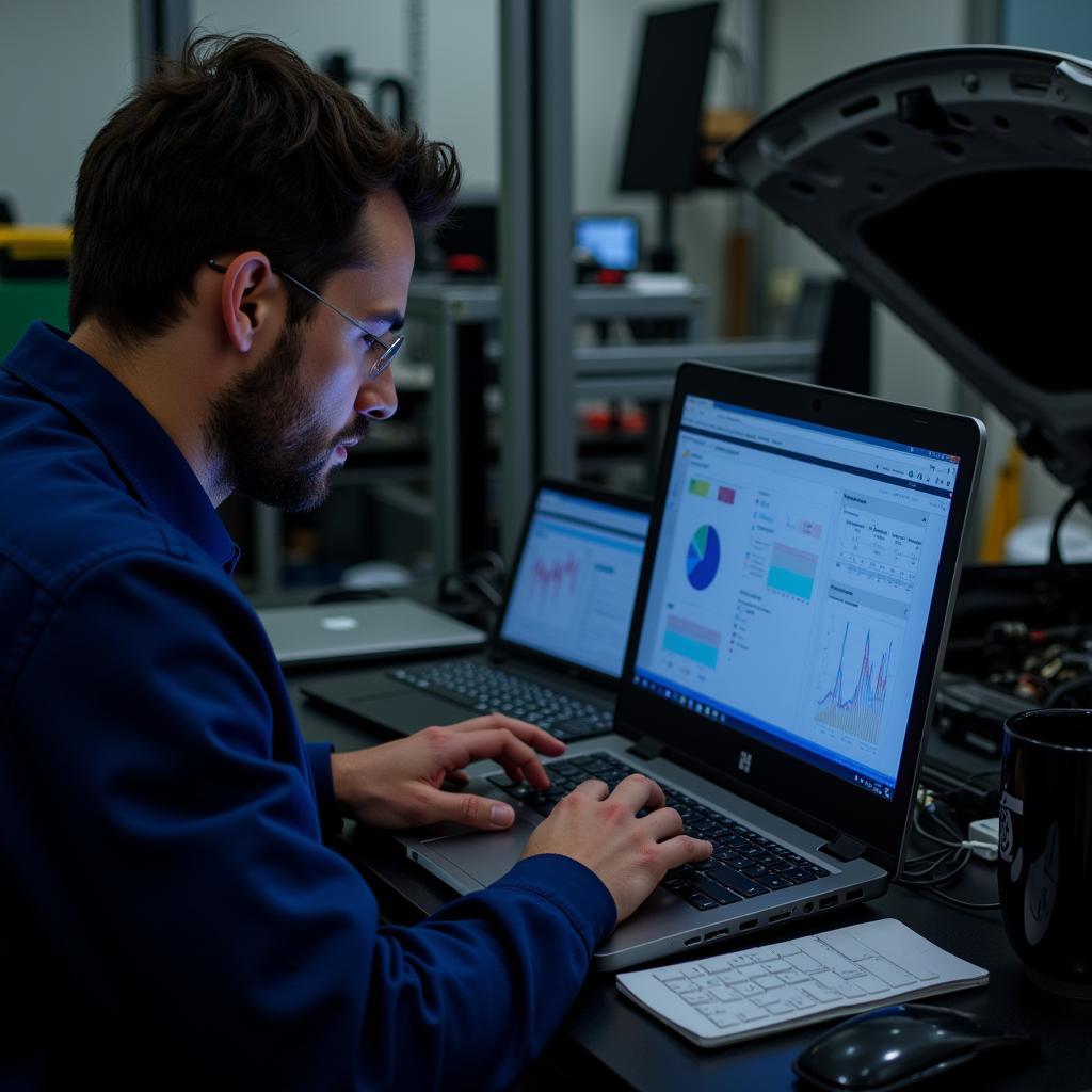 Mechanic Analyzing Diagnostic Data