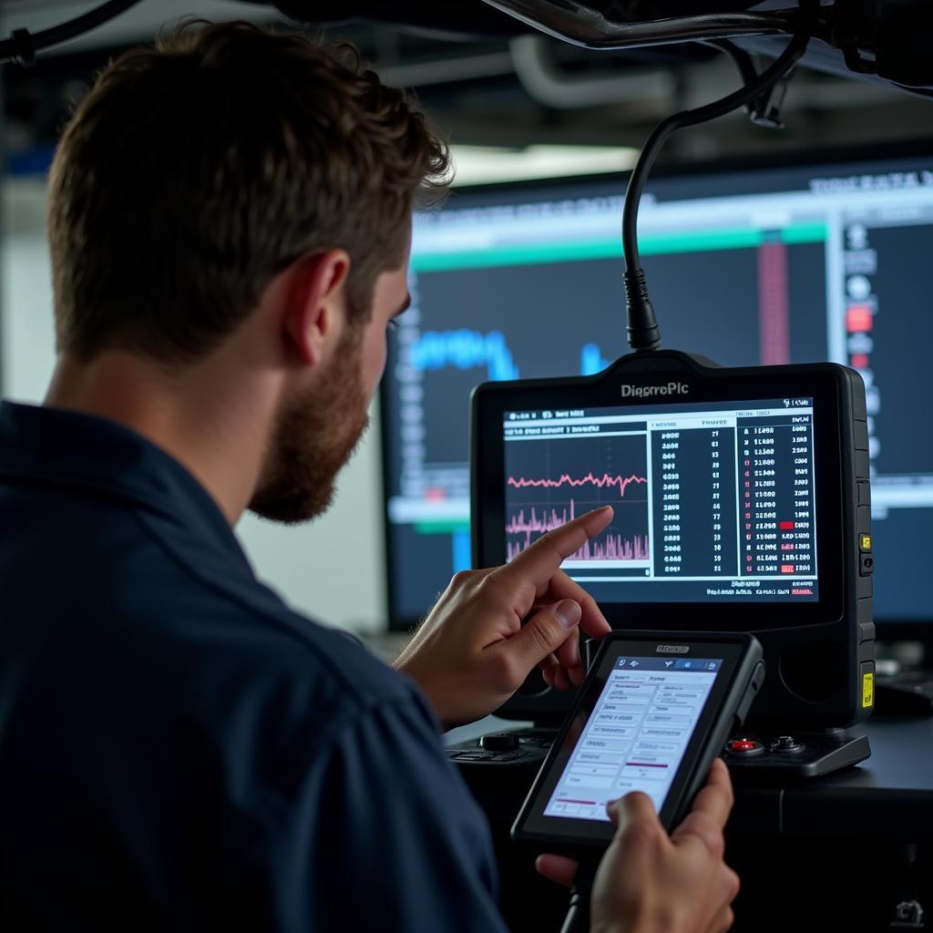 Skilled mechanic analyzes car diagnostic data