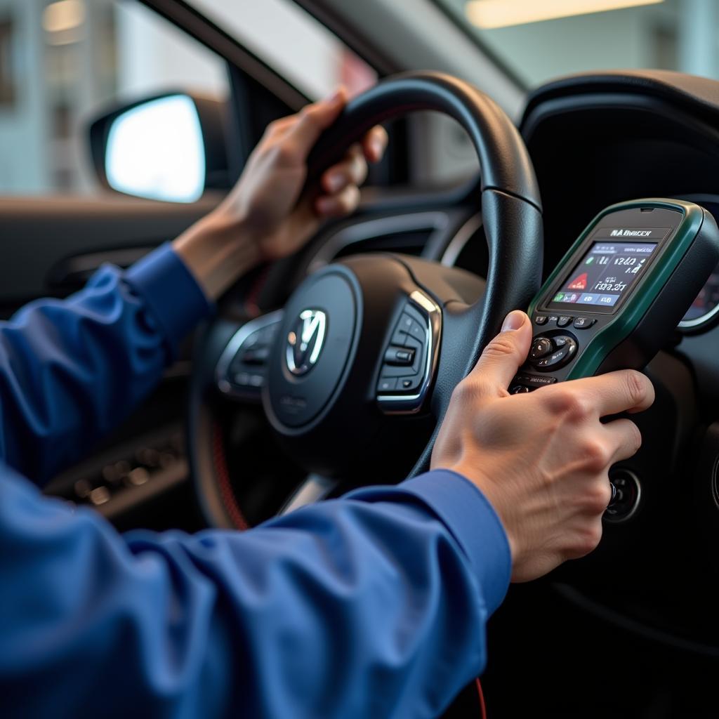 A mechanic closely examines the data displayed on a car diagnostic machine, interpreting the results to diagnose a vehicle issue.