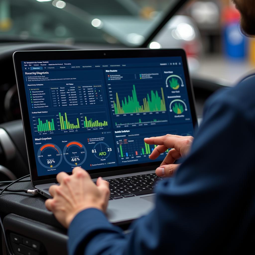 Mechanic reviewing car diagnostic data on a laptop screen