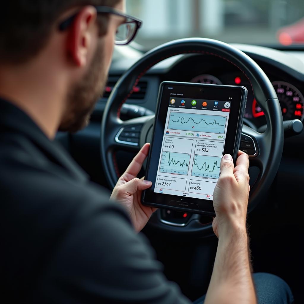 Mechanic analyzing data from a professional car diagnostic tool on a tablet.