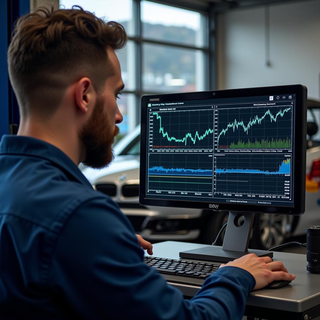 Mechanic Analyzing Data on BMW Scanner