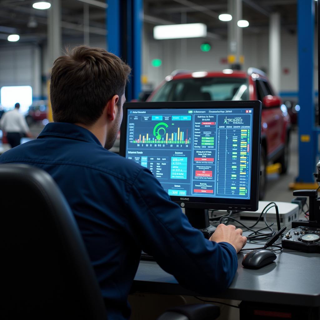 Mechanic analyzing data on a diagnostic computer in a car repair shop.