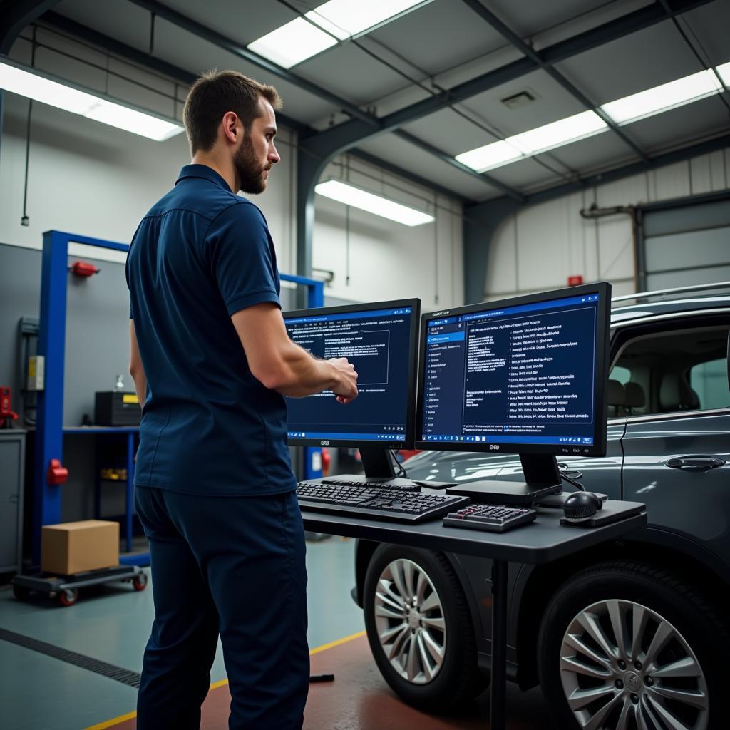 Mechanic analyzing data from a diagnostic scan on a computer screen in a repair shop