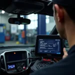 Mechanic reviewing diagnostic data on the screen of a car diagnostic machine