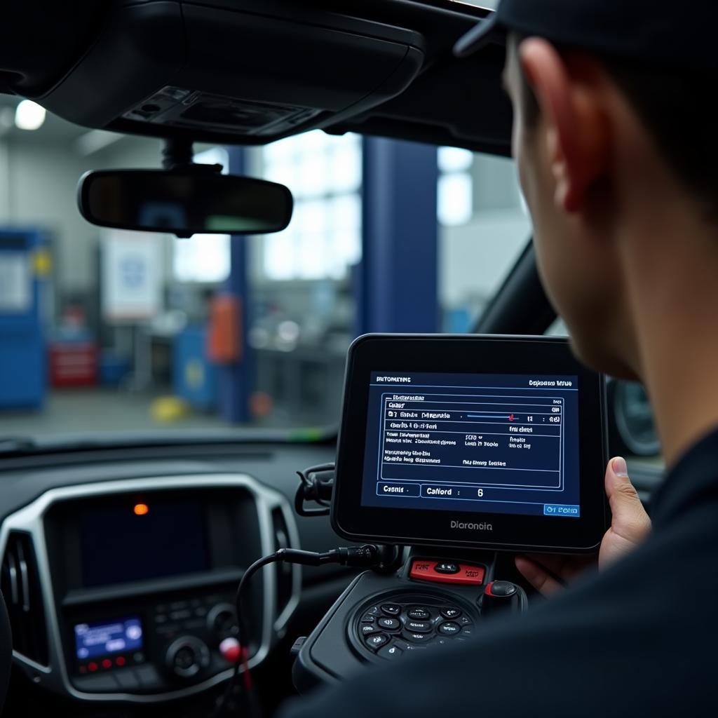 Mechanic reviewing diagnostic data on the screen of a car diagnostic machine