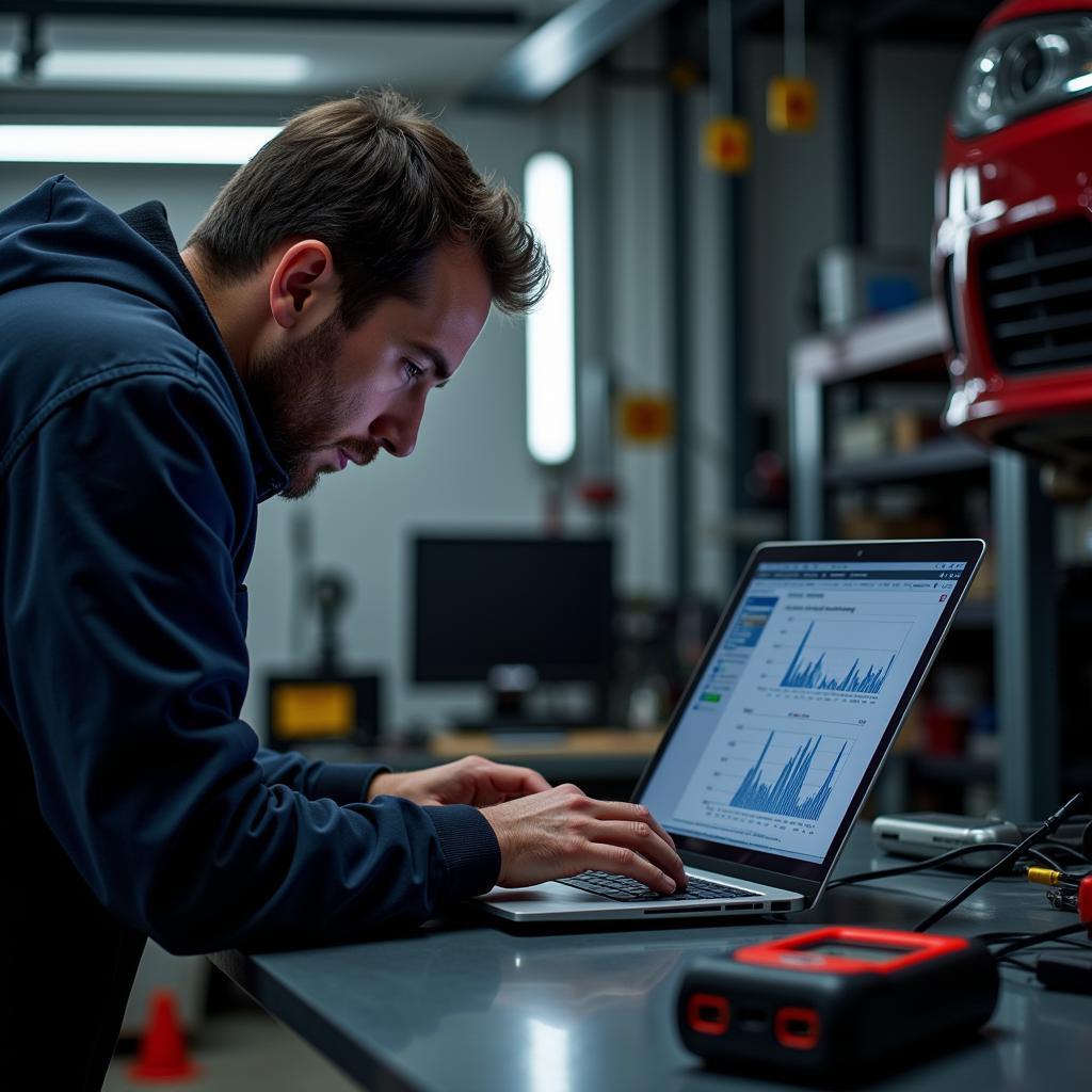 Mechanic analyzing car diagnostic data on a laptop in a garage.