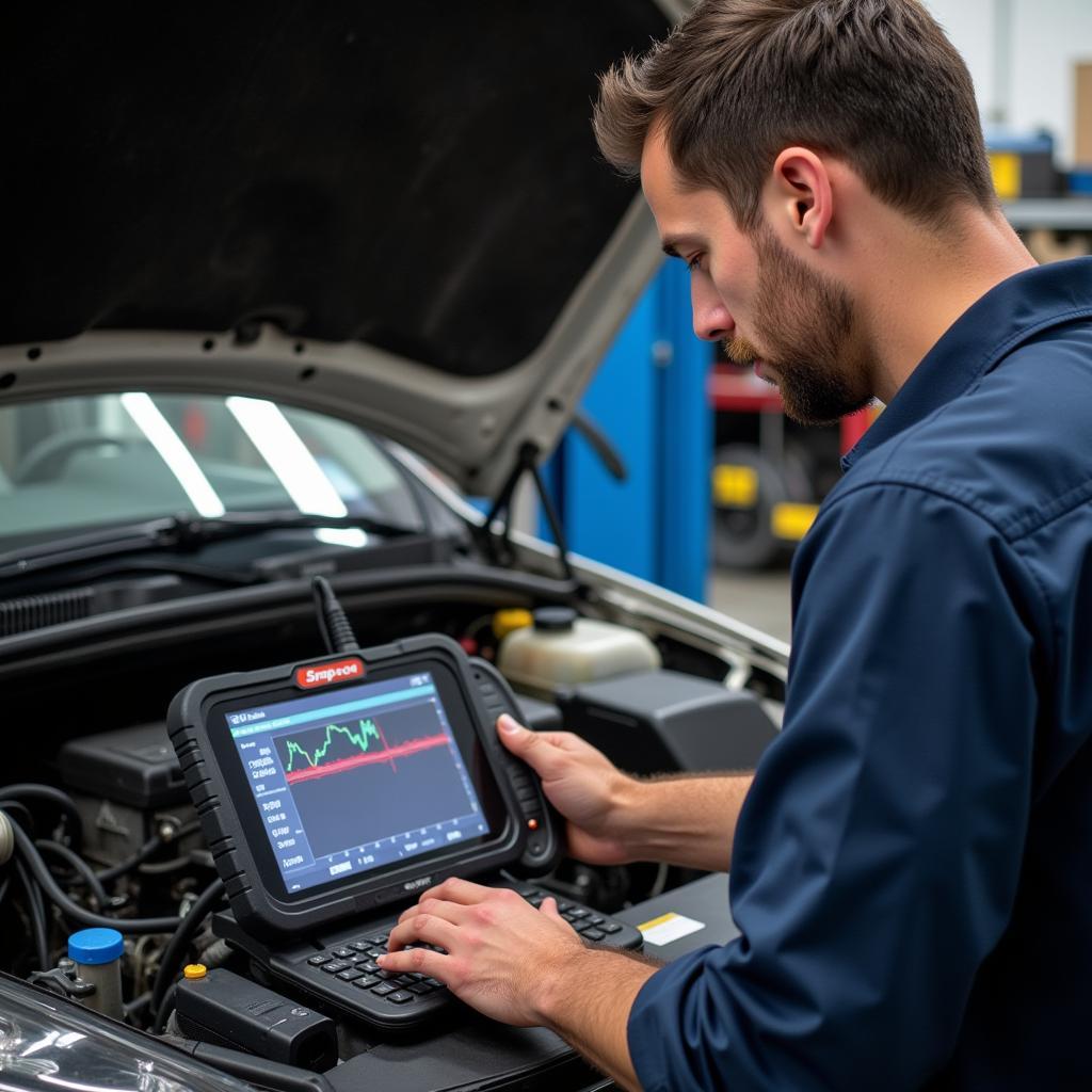 Mechanic Reviewing Diagnostic Data on Snap-on Tool