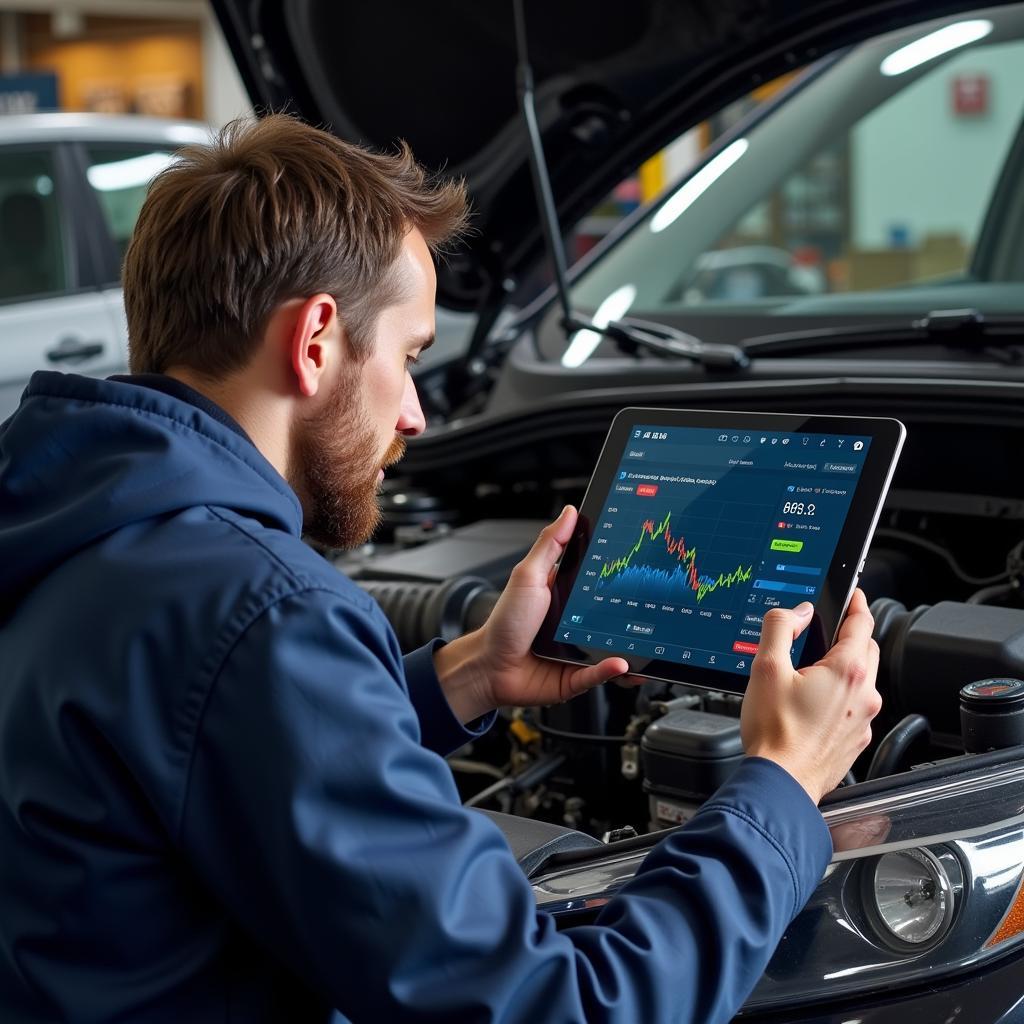 Mechanic analyzing data from a wireless OBD2 scanner on a tablet