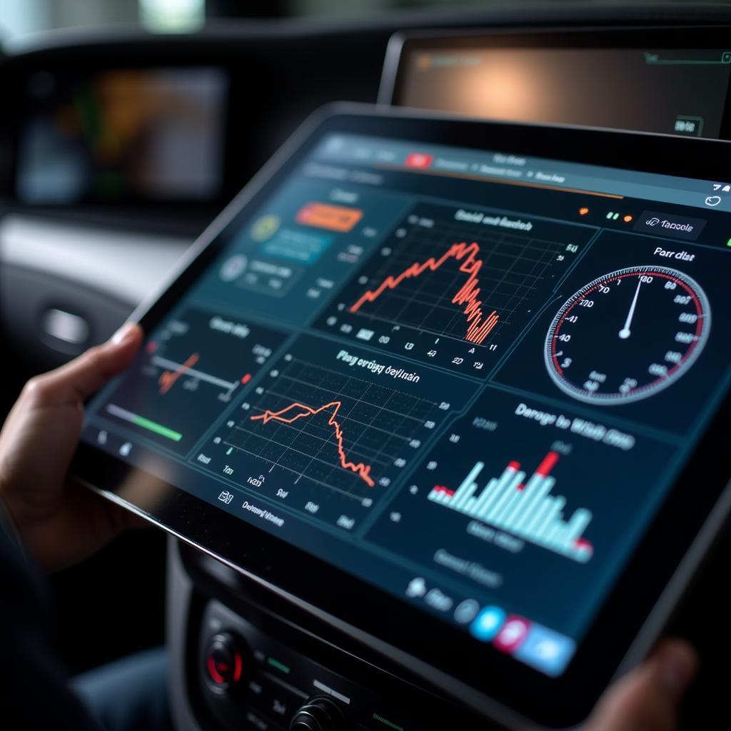 A mechanic is using a tablet connected to a WiFi car diagnostic scanner to interpret diagnostic data.