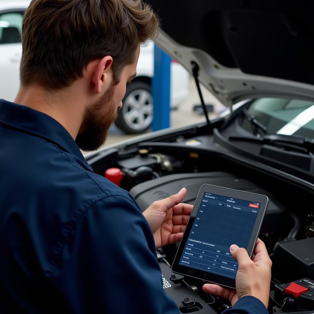 Mechanic Reviewing Diagnostic Data on a Tablet