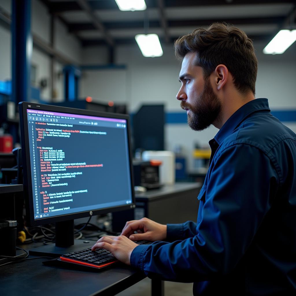 Mechanic analyzing diagnostic codes on a computer screen